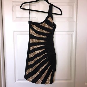 One Shoulder Dark Brown With Gold Glitter Dress